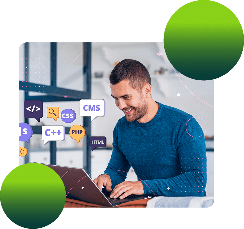 Deskrive Dream Team developer working on their laptop, surrounded by floating icons of web technologies: HTML, CSS, PHP, JS, C++ and CMS