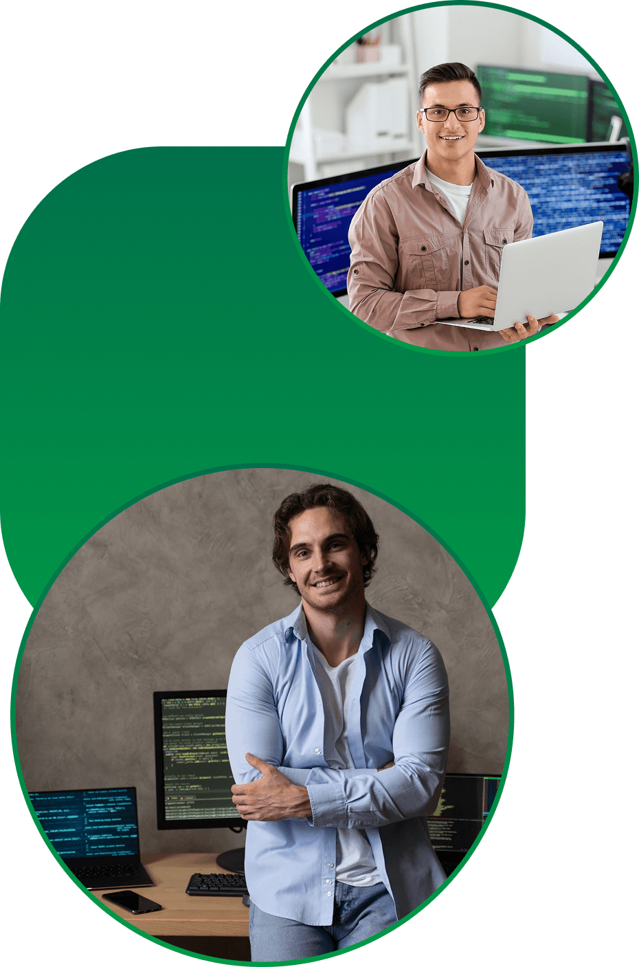 Deskrive developer team: a programmer working with a laptop in front of monitors with code, and a smiling technical lead ready to collaborate