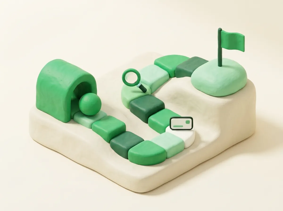 Clay illustration of an open dialogue bubble leading to an ascending path that ends in a green flag