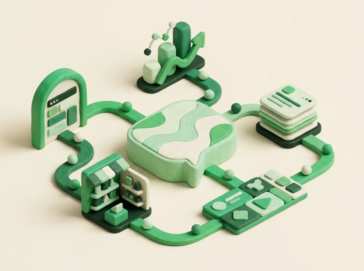 Clay illustration of a connected ecosystem: conversation, landing page, store, product tokens, CRM and chart