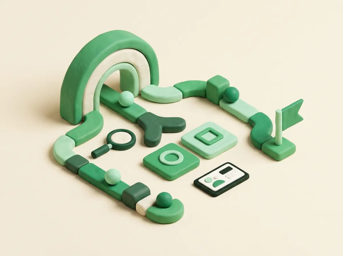 Clay illustration of an abstract conversational space connected to a compass, comparison tokens, an offer card and a decision flag
