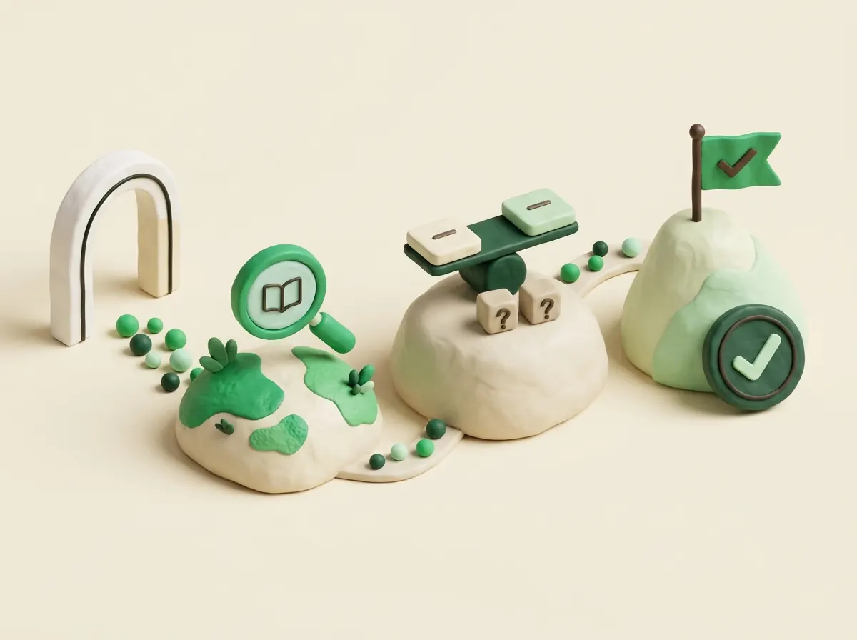 Clay illustration of an abstract conversation splitting into three paths: research, compare and decide