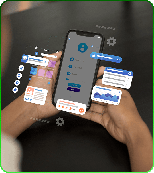 Person using a mobile app with floating notifications and screen mockups around the phone