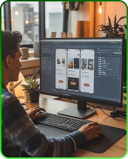 Mobile app developer working in an office with mockups on screen