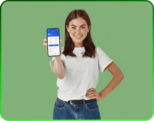 Woman smiling and showing a mobile app installed on her phone