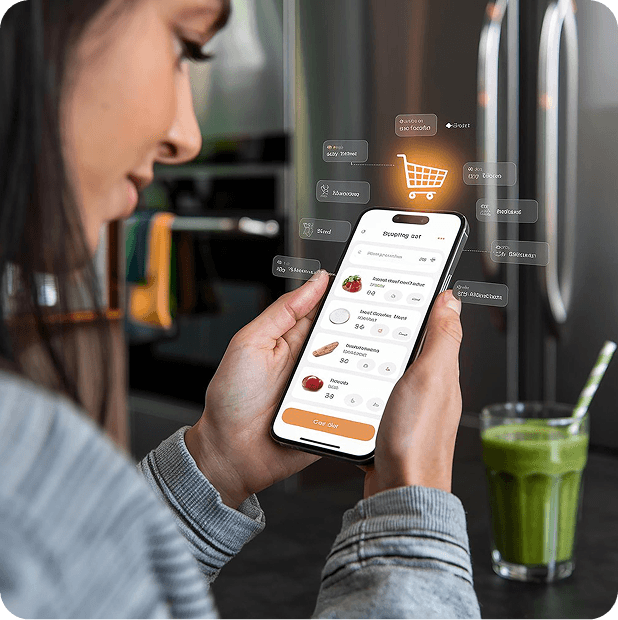 Person using a mobile eCommerce app with product icons floating around the phone