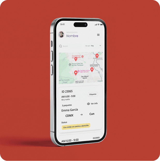 Smartphone showing an enterprise management application on a red background