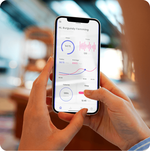 Business management mobile app showing dashboards and reports on a smartphone