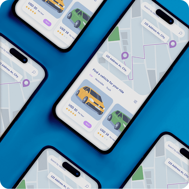 Smartphone mockups showing an on-demand services app with a map and trip options on a blue background