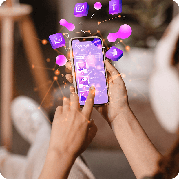 Social network mobile app showing a feed of posts and interactions on a smartphone