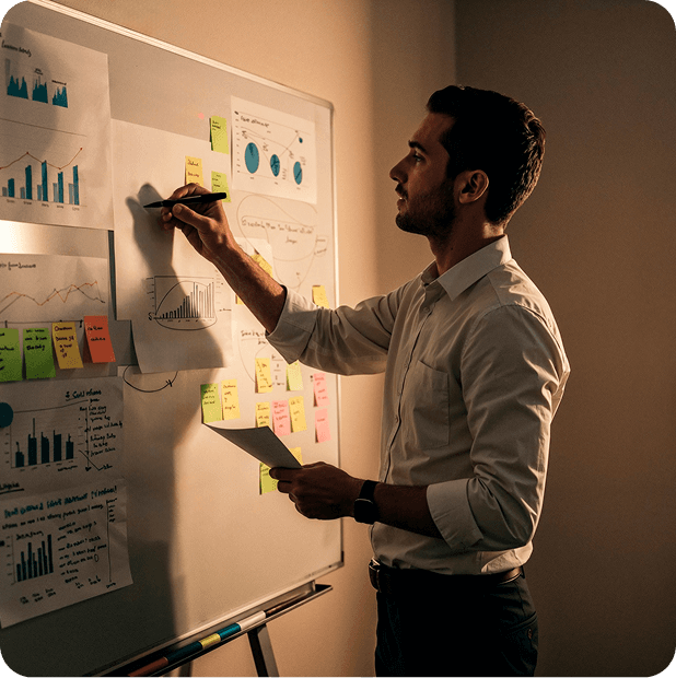 Deskrive strategist analyzing sticky notes and charts on a whiteboard during a discovery session