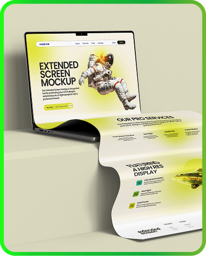 Mockup of a responsive website displayed on a laptop with a flexible screen