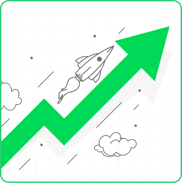 Illustration of a rocket lifting off over an ascending green arrow representing sustainable growth