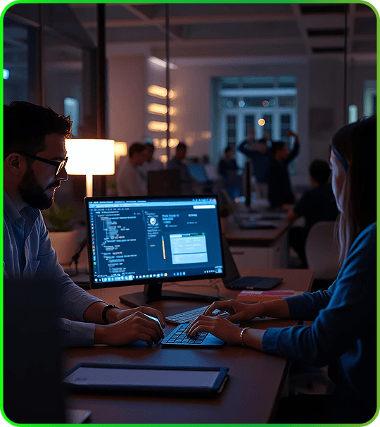 Development team working on a web application in front of monitors in an office
