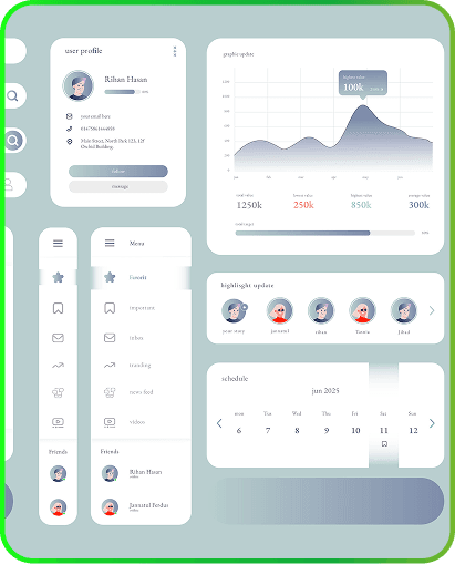 Mockups of dashboards and admin panels of an enterprise web application