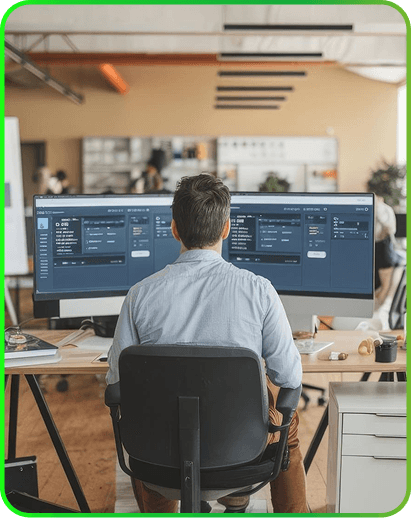 Developer analyzing a web application with several monitors on a desk