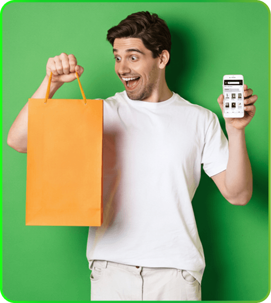 Customer smiling with a shopping bag and a smartphone showing an eCommerce app