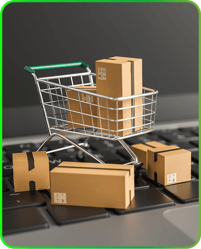 Shopping cart and shipping boxes on a laptop representing online sales