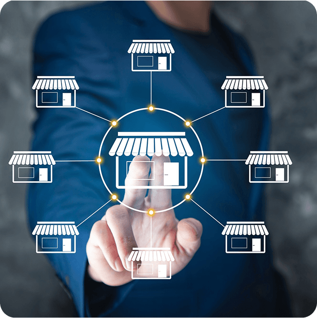 Person pointing to the center of a network of interconnected stores representing a multivendor marketplace