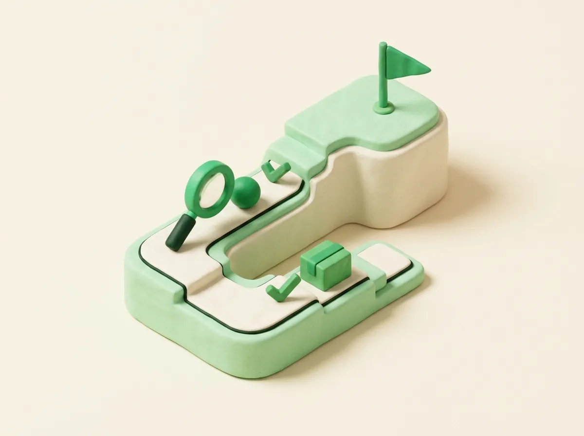 Clay illustration of an ascending path ending in a green flag