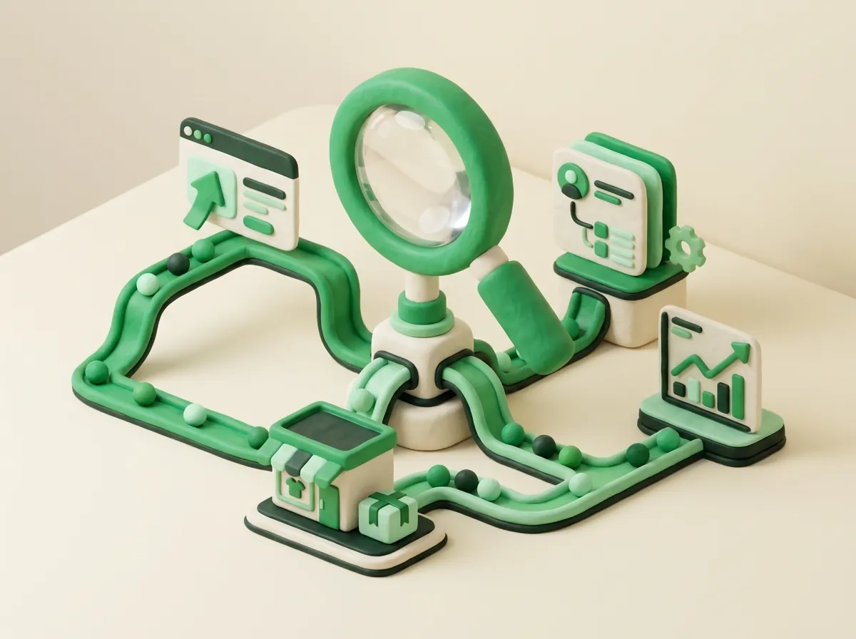 Clay illustration of a connected ecosystem: magnifying glass, landing page, store, CRM and chart