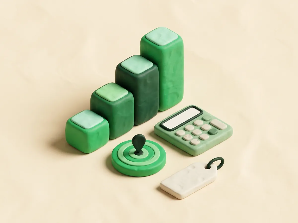 Clay illustration of a rising chart with a calculator, a price tag and a target