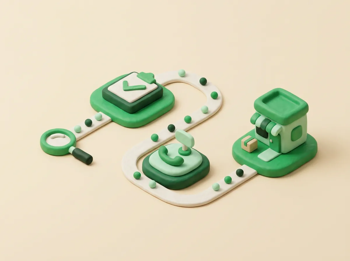 Clay illustration of three paths leaving a magnifying glass toward a form, a purchase and a call