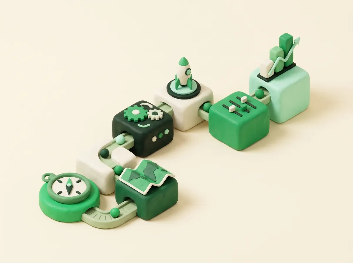Clay illustration of a six-station path: compass, map, gear, rocket, controls and chart
