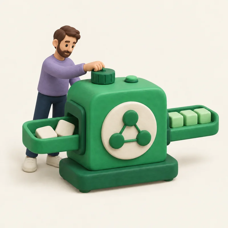 Especialista clay con playera lavanda ajustando un sistema que transforma información en resultados organizados