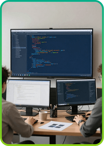 Development team working with three screens of code