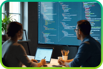 Two people writing code in front of a monitor