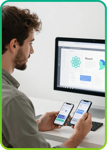 Developer reviewing a mobile app with two phones