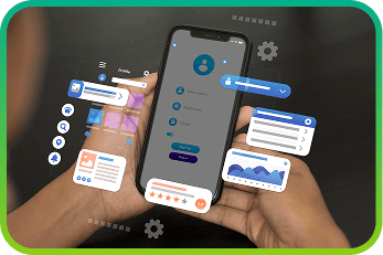 Hands holding a phone showing the Deskrive app