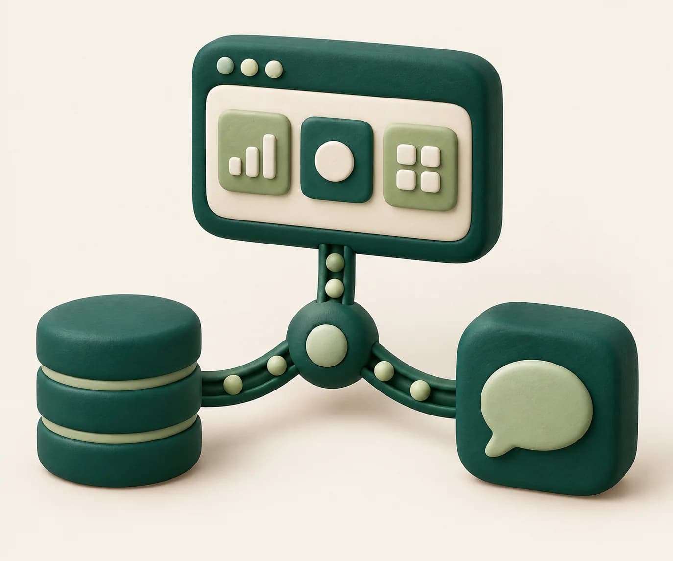 Ilustración clay de una aplicación conectada a datos y un asistente