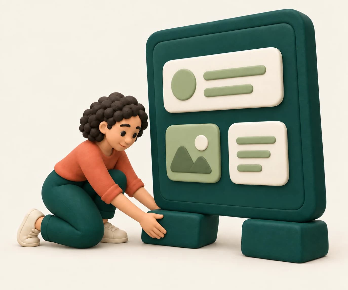 Ilustración clay de un sistema de software sobre una base firme