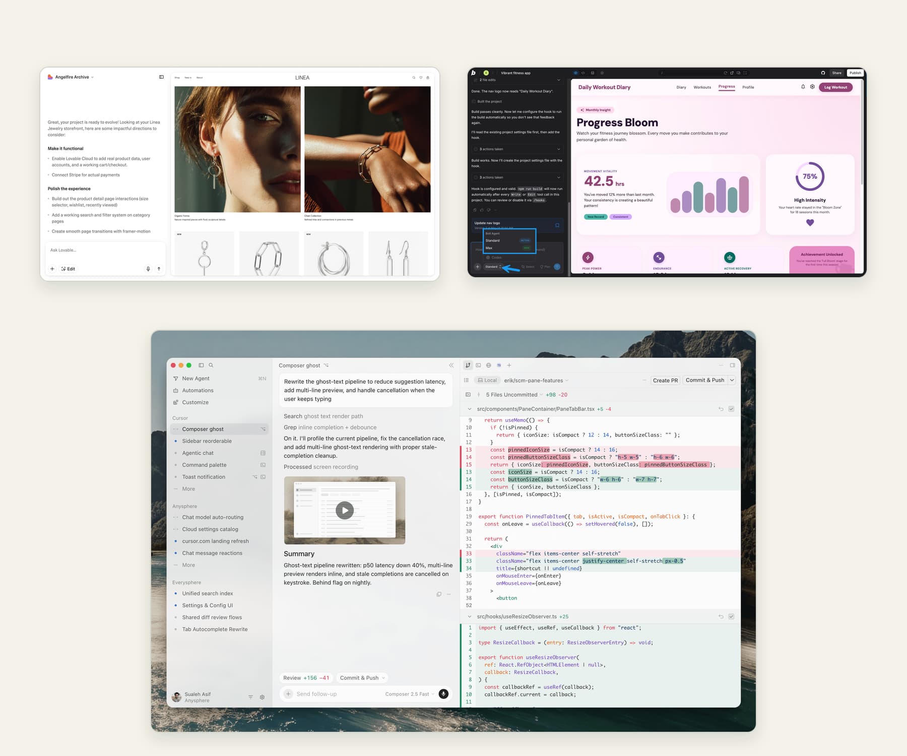 Capturas de Lovable, Bolt y Cursor con vistas previas de aplicaciones, chat y revisión de código.