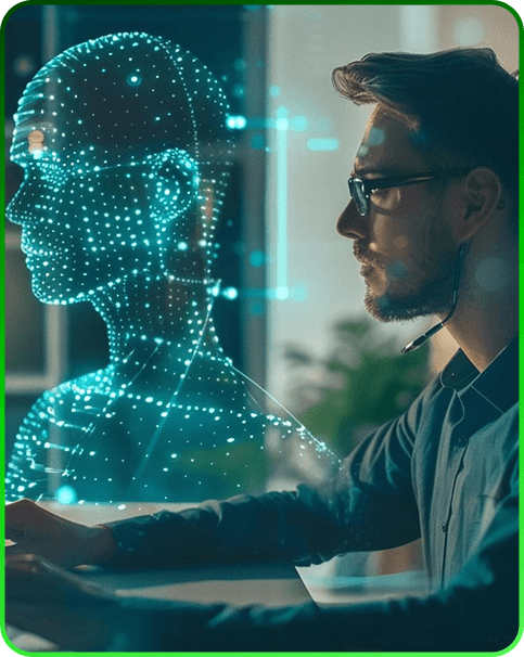 Profesional frente a su computadora junto a la silueta de una persona generada con inteligencia artificial