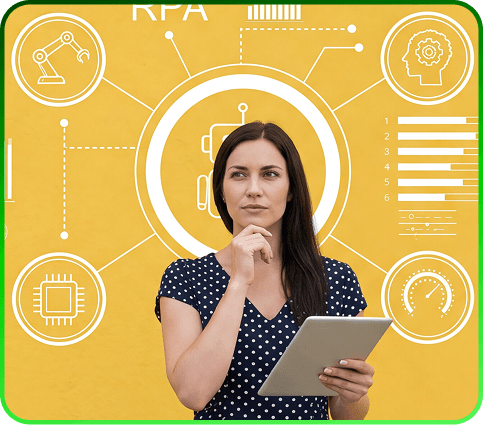 Mujer rodeada de iconos de automatización robótica de procesos (RPA) sobre fondo amarillo