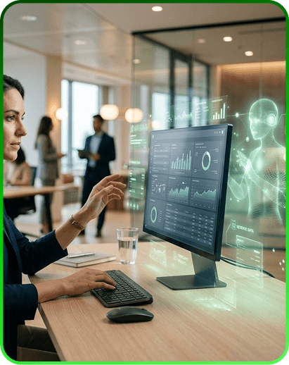 Analista revisando un dashboard de datos con una asistente de inteligencia artificial proyectada