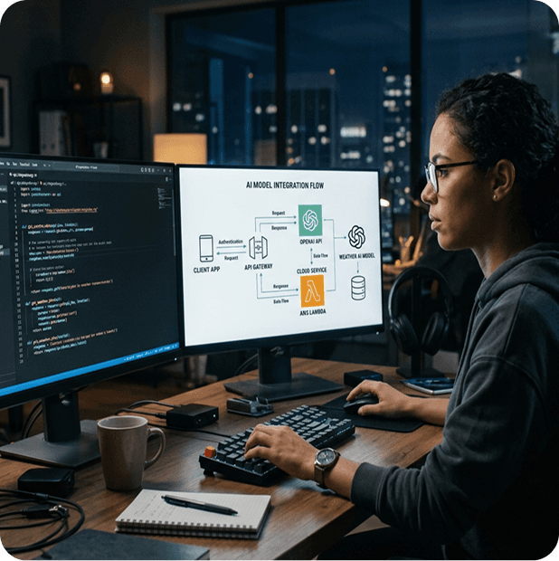 Desarrolladora frente a un monitor que muestra el flujo de integración de un modelo de IA