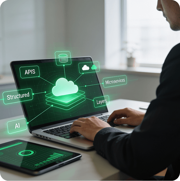 Desarrollador frente a una laptop con una arquitectura cloud de microservicios y APIs