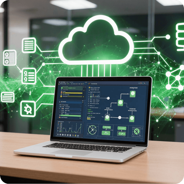 Laptop mostrando un pipeline de datos con nodos conectados a una nube de procesamiento