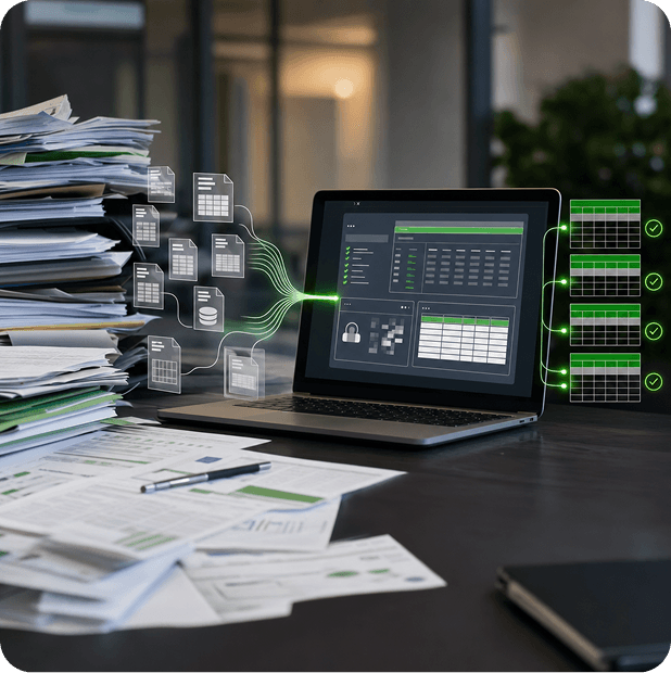 Pila de documentos transformándose en datos estructurados sobre una laptop