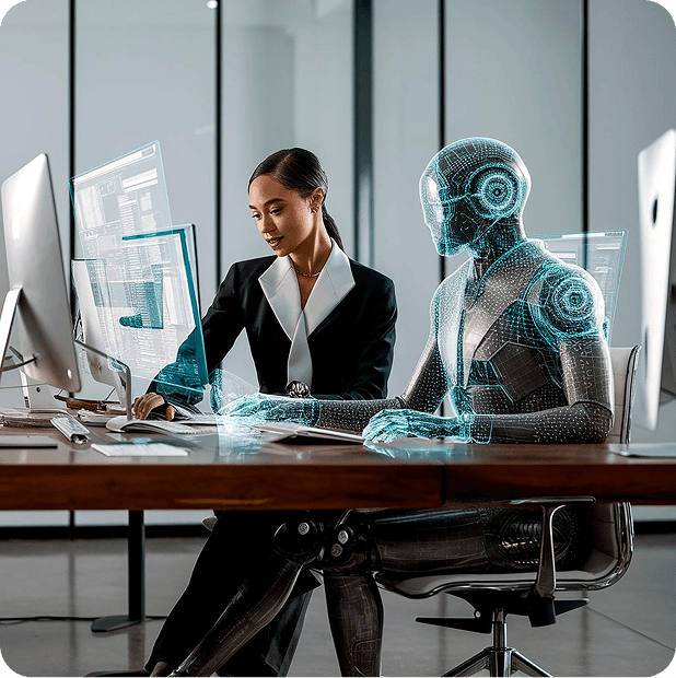 Profesional trabajando junto a un asistente de inteligencia artificial holográfico en una oficina