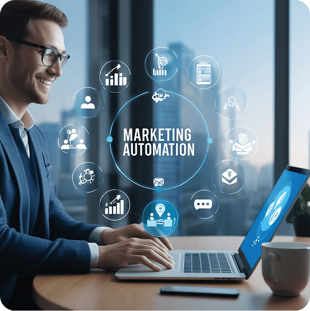 Ejecutivo usando una laptop rodeado de iconos de automatización de marketing