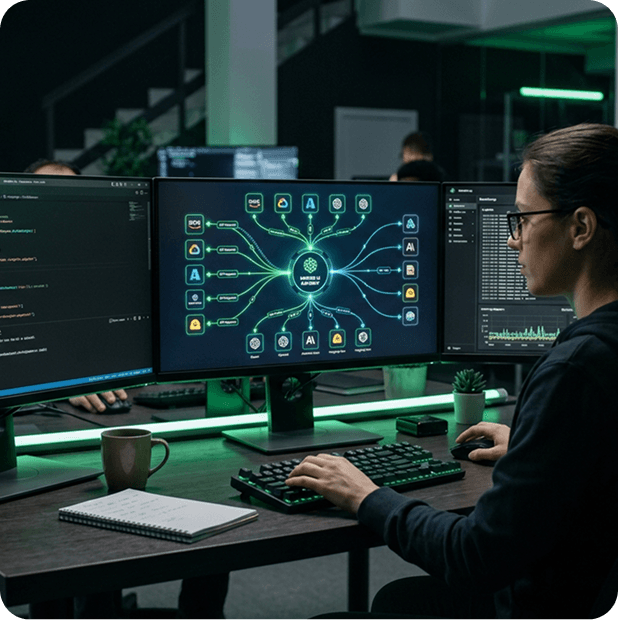 Desarrollador frente a un monitor que muestra un API gateway conectando múltiples modelos de IA