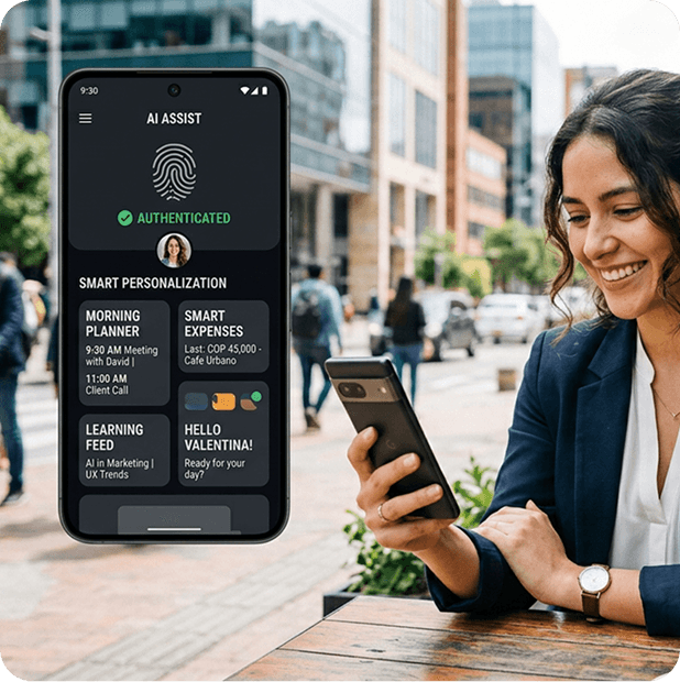 Persona usando una app móvil con asistente de IA y personalización inteligente