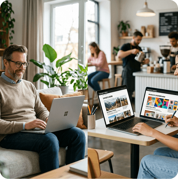 Dos personas usando laptops con dashboards personalizados generados con IA