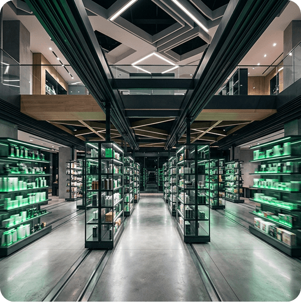 Pasillo de una tienda con estantes iluminados en verde representando retail inteligente
