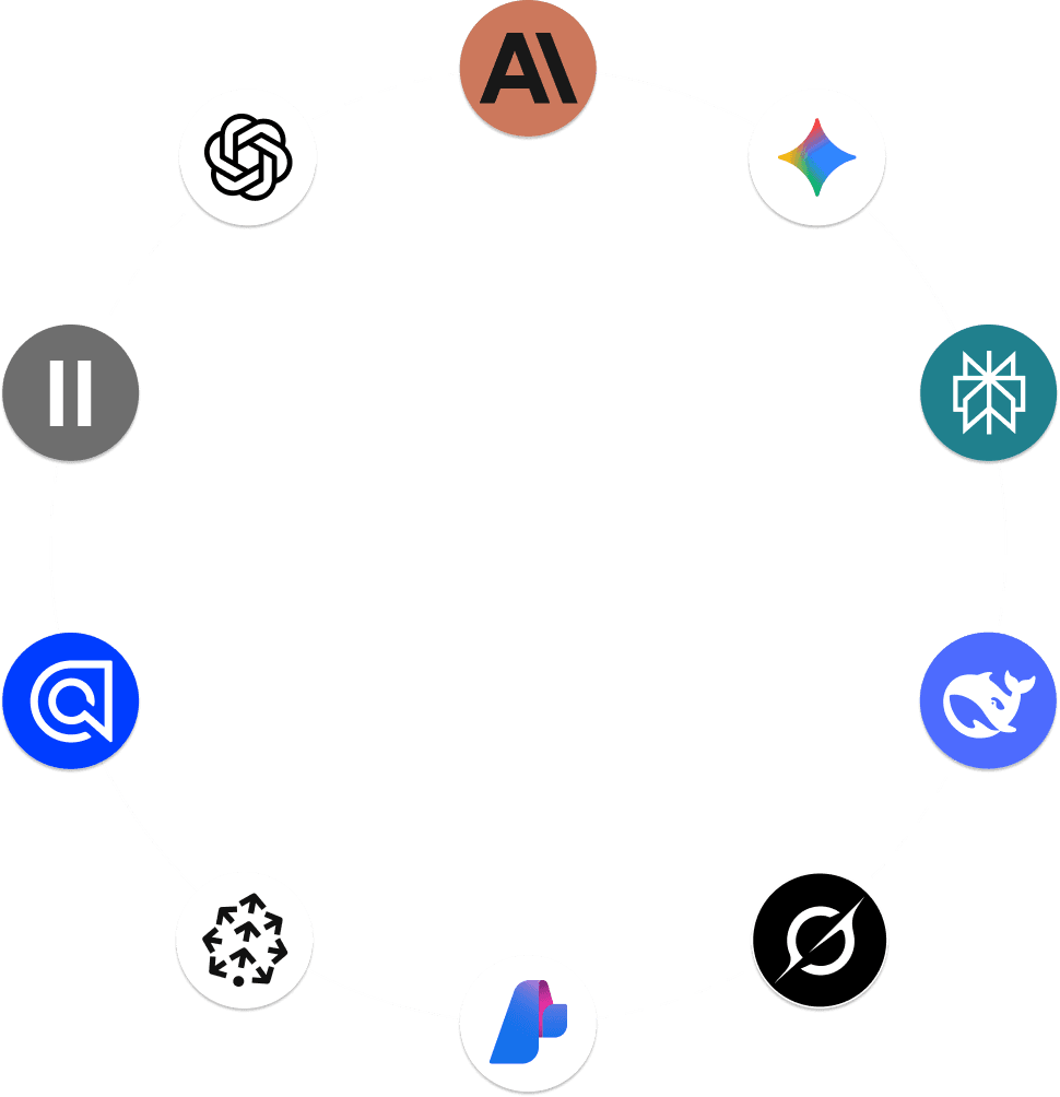 Logos de modelos y plataformas de IA que integra Deskrive: OpenAI, Anthropic, Gemini, Azure AI, Algolia y más, conectados en un círculo